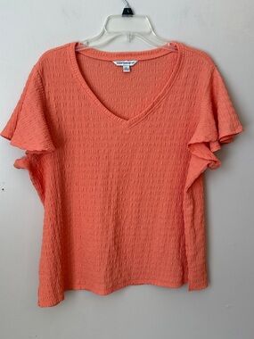 Counterparts Textured Blouse V-neck Ruffle Cap Sleeves Coral Top Size XL